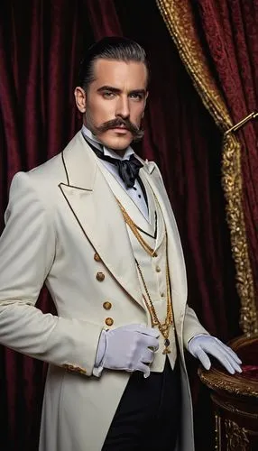 Elegant gentleman, monocle eyepiece, refined facial features, trimmed beard, slicked back hair, top hat, tailcoat, white gloves, pocket watch chain, standing, aristocratic pose, luxurious background, 