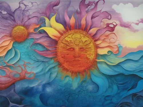 an artistic painting with colorful shapes and a sun,sun god,summer solstice,3-fold sun,shpongle,sundancer,spring equinox,Illustration,Realistic Fantasy,Realistic Fantasy 25