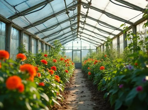 Greenhouse, polyethylene material, transparent roof, UV protection, durable framework, steel pipes, silver coating, waterproof, sunlight reflection, lush green plants, various flowers blooming, trelli