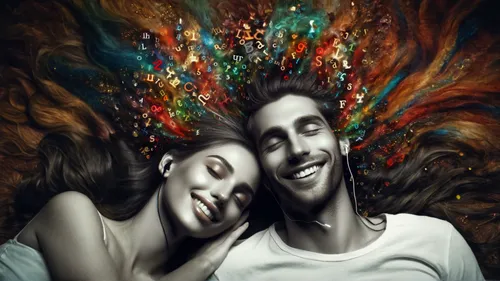 psychedelic art,two people,photoshop manipulation,photo manipulation,photoshop creativity,romantic portrait,world digital painting,young couple,man and woman,photomanipulation,exploding head,oil paint