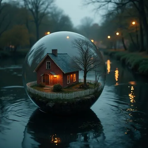 snow globe,waterglobe,frozen bubble,house by the water,round hut,glass sphere,Photography,General,Cinematic