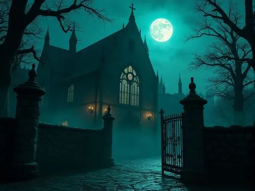 haunted cathedral,halloween background,halloween wallpaper,haunted castle,witch's house,ravenloft,halloween scene,the haunted house,gothicus,ghost castle,haunted house,nacht,halloween poster,gothic church,witch house,halloween illustration,portal,gothic,old graveyard,dark gothic mood,Photography,General,Realistic