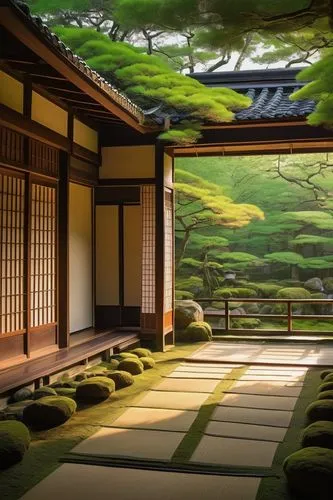 ryokan,japanese-style room,dojo,ryokans,teahouse,kyoto,japanese zen garden,zen garden,honmaru,japan garden,background with stones,tea ceremony,chanoyu,tatami,teahouses,roof landscape,kazoku,chuseok,japanese tea,hanok,Illustration,Realistic Fantasy,Realistic Fantasy 30