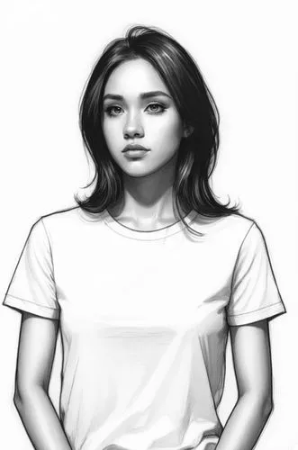 girl in t-shirt,girl drawing,katniss,girl sitting,illyria,girl portrait,Illustration,Black and White,Black and White 12