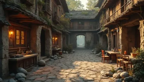 medieval street,tavern,old linden alley,theed,narrow street,ancient house,syberia,mountain settlement,medieval town,wooden houses,ruelle,riftwar,wooden path,alpine village,auberge,tavernas,teahouse,cryengine,the threshold of the house,mountain village,Photography,General,Realistic