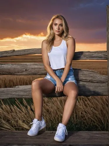 Madison Morrell, American actress, 24yo, beautiful detailed eyes, long blonde hair, natural makeup, fit physique, white tank top, distressed denim shorts, sneakers, sitting on a wooden fence, rural co