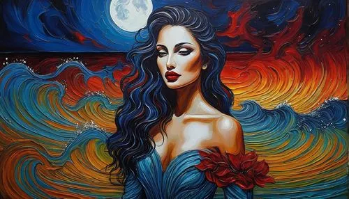 oil painting on canvas,viveros,flamenca,art painting,bodypainting,blue moon rose,pintura,dream art,ariadne,diwata,selene,hecate,oil painting,bohemian art,persephone,inamorata,fantasy art,glass painting,boho art,oil on canvas,Illustration,Realistic Fantasy,Realistic Fantasy 33