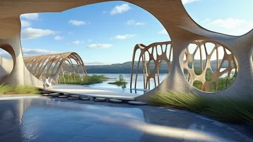 dragon bridge,futuristic landscape,futuristic architecture,3d rendering,palu,earthship,Photography,General,Realistic