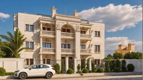 a white car parked in front of a building,sursock,inmobiliaria,baladiyat,fresnaye,gold stucco frame,inmobiliarios,luxury property,exterior decoration,achrafieh,ashrafieh,bendemeer estates,larnaca,pall