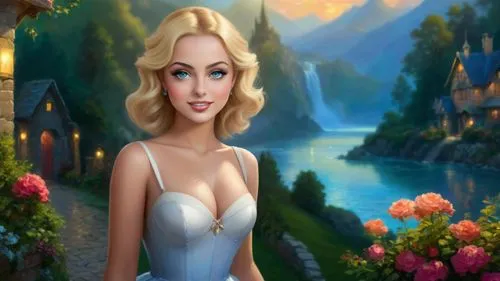 Romantic masterpiece oil painting, cute girl portrait, nostalgic 1950's style kitsch, breathtaking beautiful kingdom landscape, majestic fantasy scenery, evening lighting, highly detailed highres, abs