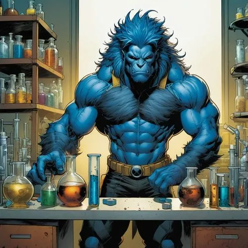 Furry blue hair Beast character from X-Men working in a lab, with lots of muscles, standing in front of a counter full of beakers and test tubes and a microscope, holding a test tube in one hand. Marv