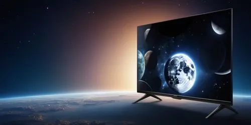 a philips tv standing dark glass.   with background of fully HD universe with stars and moon  ,a large screen television with planets in the background,plasma tv,hdtv,television,smart tv,oled,tv,Photo