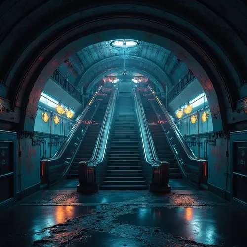 Expressionist, metro station, futuristic, dimly lit, eerie atmosphere, curved lines, abstract shapes, vibrant colors, neon lights, metallic materials, industrial texture, intricate details, dramatic l