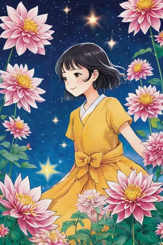 Write a heartwarming children's book about a star dahlia that brings hope and happiness to a gloomy town.,flower background,falling flowers,star flower,flowers celestial,celestial chrysanthemum,night-