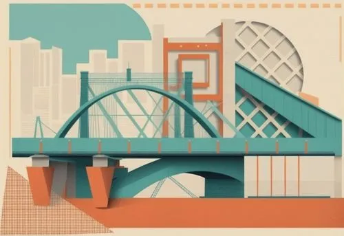 frontal composition of geometric shapes, lines on the theme of a bridge in the city,a drawing of a bridge over water with buildings and mountains in the background,puente,bridges,paris clip art,bridge