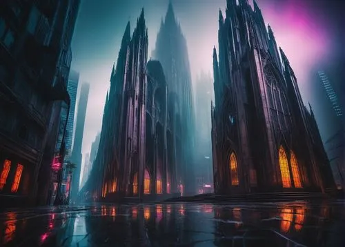 Distorted architectural scene, futuristic cityscape, skyscrapers with curved, twisted, melted shapes, cyberpunk atmosphere, neon lights reflecting off wet pavement, rainy night, foggy mist surrounding