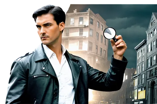 Dark themed, gritty cityscape, mysterious atmosphere, male detective, 30s, strong facial features, short black hair, sharp eyes, worn leather jacket, white shirt, dark jeans, holding magnifying glass,