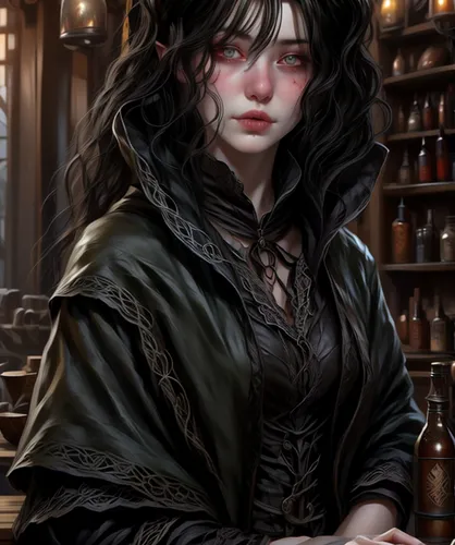 librarian,apothecary,fantasy portrait,vampire woman,candlemaker,gothic portrait,vampire lady,sorceress,the enchantress,artemisia,dark elf,elven,gothic woman,merchant,dodge warlock,lilian gish - female,mystical portrait of a girl,vampire,caerula,the witch