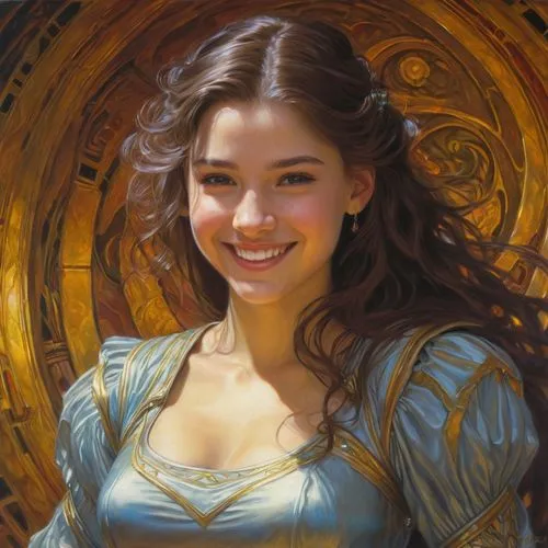 fantasy portrait,rapunzel,fantasy art,mystical portrait of a girl,a girl's smile,rosa ' amber cover,girl with a wheel,cinderella,painting technique,portrait of a girl,young woman,girl in a historic way,celtic woman,golden wreath,romantic portrait,mary-gold,katniss,heroic fantasy,girl portrait,oil painting,Illustration,Realistic Fantasy,Realistic Fantasy 03