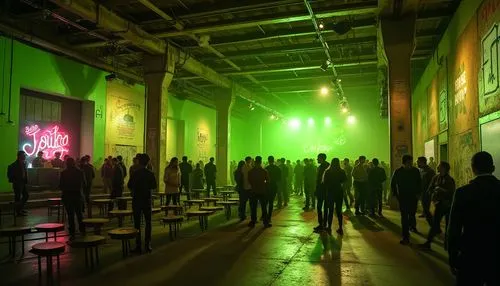 Brutalist music venue, industrial interior design, lime green accent walls, concrete floor, steel beams, minimalist chairs, spotlights, dimmed ambient lighting, low-angle shot, urban atmosphere, aband