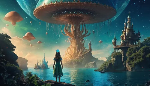 fantasy picture,fantasy world,alien world,fantasia,fairy world,dream world,atlantis,fantasy landscape,alien planet,3d fantasy,fantasy art,fantasy city,sci fiction illustration,imagination,mushroom landscape,futuristic landscape,mushroom island,astral traveler,wonderland,utopian,Illustration,Realistic Fantasy,Realistic Fantasy 02