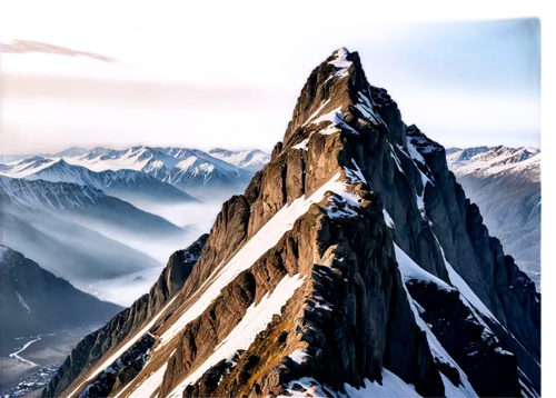 Mountain Peak, snow-capped, rugged terrain, steep cliffs, rocky outcrops, misty atmosphere, warm sunlight, panoramic view, 3/4 composition, shallow depth of field, cinematic lighting, detailed texture