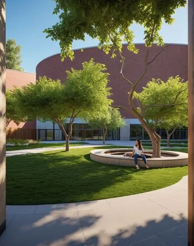 a woman sitting on a bench in a courtyard,ucr,gcu,calarts,3d rendering,renderings,school design,Photography,General,Realistic