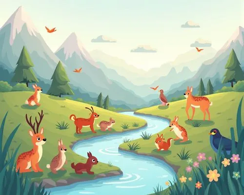 deer illustration,forest animals,deers,fawns,hare trail,springtime background,rehe,nature background,woodland animals,cartoon forest,landscape background,wild animals crossing,starclan,game illustration,whimsical animals,mountain stream,forest background,background vector,fall animals,children's background