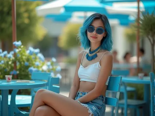 Vibrant atmosphere, blue dominant color palette, bright sunny day, outdoor cafe setting, trendy young woman, 20s, casual wear, ripped denim shorts, white crop top, blue sunglasses, bold blue hair high