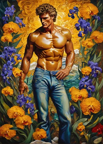 narcissus of the poets,narcissus,the garden marigold,gardener,marigolds,golden flowers,solar plexus chakra,marigold,adonis,nature and man,garden marigold,flower of the passion,daffodils,michelangelo,secret garden of venus,the amur adonis,oil painting on canvas,body building,persian poet,oil on canvas,Illustration,Realistic Fantasy,Realistic Fantasy 39