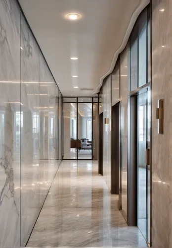 Elevator hall in a luxury building. at the end of the hall glass door looking into another room. grey marble floor. white marble walls. zig zag line on ceiling edge- market in drawing with cove light.