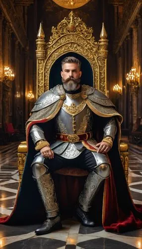 Majestic king, royal attire, golden crown, detailed facial hair, beard, mustache, proud expression, broad chest, strong arms, metallic armor, silver gauntlets, grand throne, luxurious velvet cloak, in