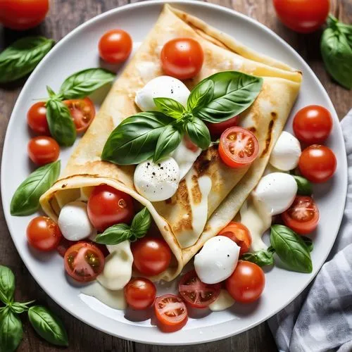 Crepe Caprese
Um crepe fresco, recheado com tomate fatiado, muçarela de búfala e manjericão fresco. O crepe está dobrado ao meio, com azeite de oliva regado por cima e uma pitada de sal grosso. Servid