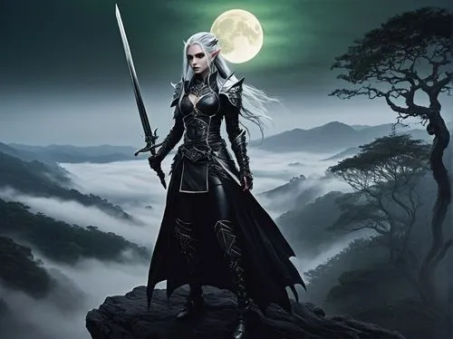 dark elf,swordswoman,fantasy picture,elven,heroic fantasy,warrior woman,female warrior,sorceress,gothic woman,celtic queen,the enchantress,huntress,priestess,fantasy art,lone warrior,queen of the night,gothic fashion,dark angel,fantasy woman,lady of the night,Illustration,Japanese style,Japanese Style 09