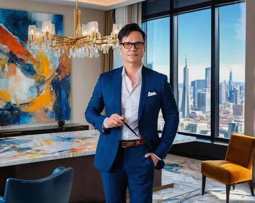 Modern interior design master, standing, confident pose, 40yo, short black hair, stylish glasses, white shirt, dark blue suit, holding a pencil, surrounded by blueprints, architectural models, luxurio