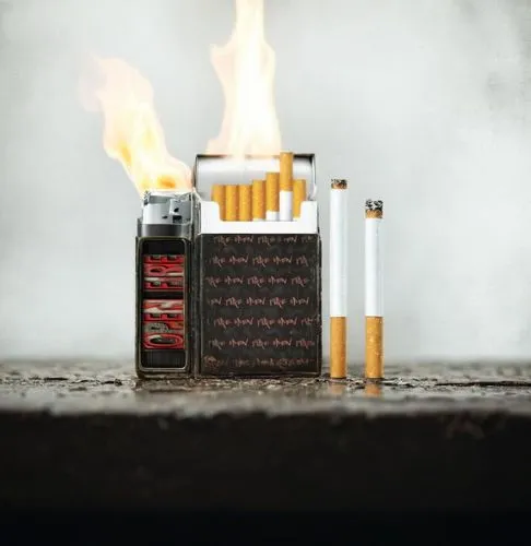 Cigarette Display, Red and white color scheme,  realistic, grunge, gritty, cinematic, apocalyptic, "OPEN FIRE" Cigarette pack, realistic,,cigarette box,brown cigarettes,burning cigarette,cigarettes on