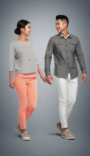 asian smile fashion grey background wear clothes,couple - relationship,two people,dancing couple,as a couple,man and woman,active pants,plus-size,couple,man and wife,couple goal,love couple,menswear f