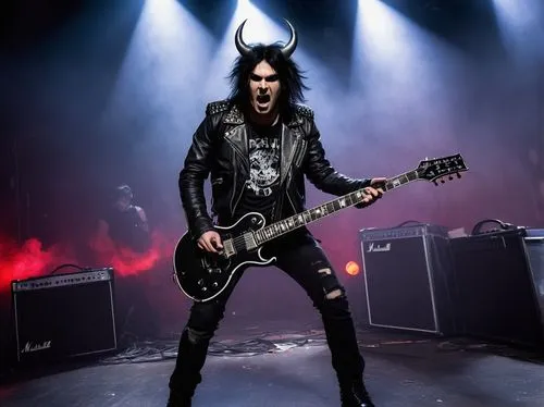 Heavy metal musician, male, aggressive posture, black leather jacket, ripped jeans, black boots, silver studded belt, devil horns headband, intense facial expression, dark eye makeup, messy black hair