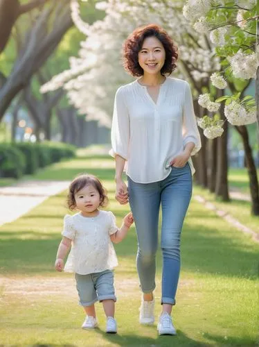 Cute Asian mommy, casual wear, relaxed posture, gentle smile, bright brown eyes, subtle makeup, soft curly hair, white blouse, light blue jeans, sneakers, holding a toddler's hand, walking in a sunny 