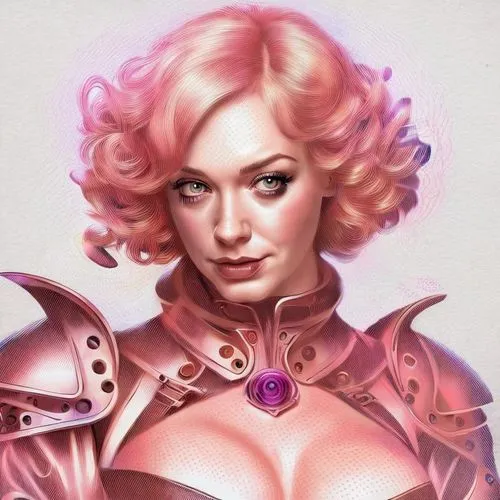 A young Christina Hendricks as villain hypnotist actively mesmerizing.  Bare shoulders. Low cut.  Intense eyes.,pink diamond,fantasy portrait,pink robin,pink lady,pink vector,pink leather,fantasy woma