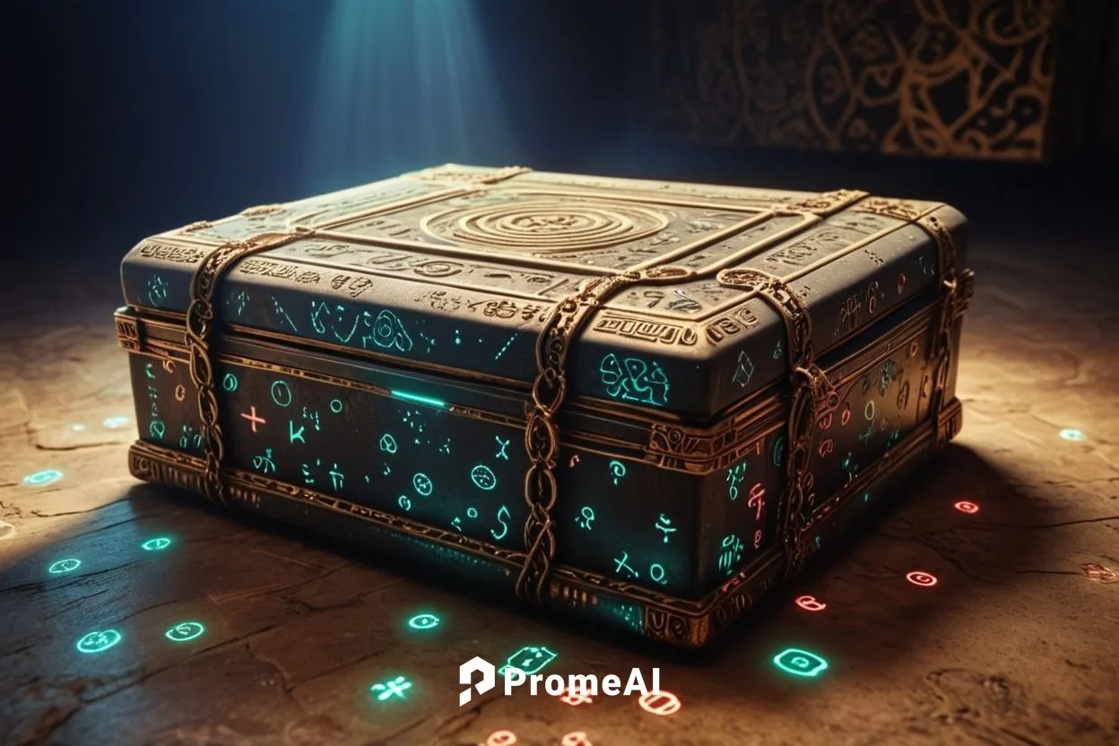 ancient box covered in glowing symbols,treasure chest,collected game assets,magic grimoire,card box,music chest,pirate treasure,crown render,courier box,3d render,runes,cinema 4d,3d model,moneybox,rup