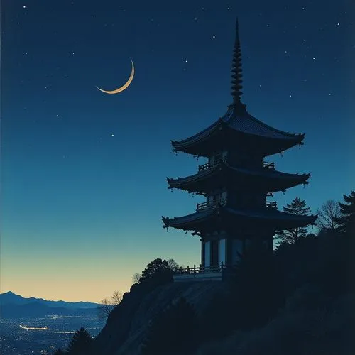 japan's three great night views,crescent moon,moonlit night,japan landscape,hiroshige,japon