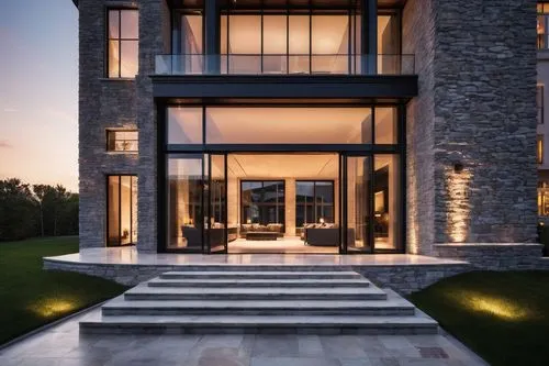 Mulroney Architecture, modern villa, luxurious mansion, stone wall exterior, grand entrance, double doors, glass roof, minimalist interior, marble floor, spiral staircase, floor-to-ceiling windows, ci