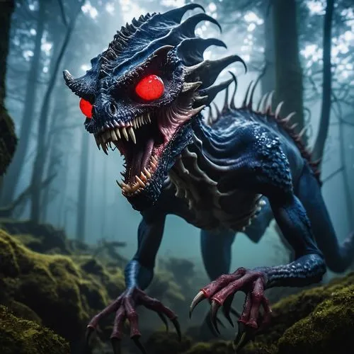 Demogorgon, fantasy creature, sharp teeth, glowing red eyes, dark blue skin, tentacles, eating, messy, bloody, raw meat, bone fragments, eerie misty forest, twilight, foggy atmosphere, sinister backli