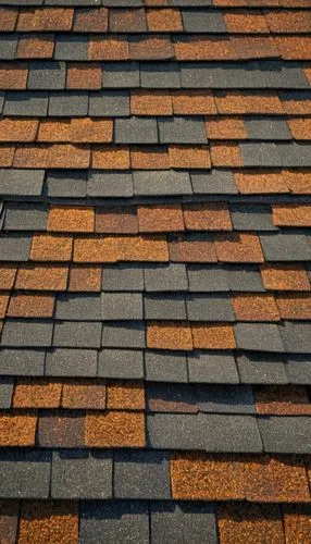 Cheap, asphalt, rectangular, overlapping, brown, rusty, worn-out, architectural shingles, roof, suburban, residential, single-family, house, backyard, garden, trees, sunny, afternoon, realistic, detai