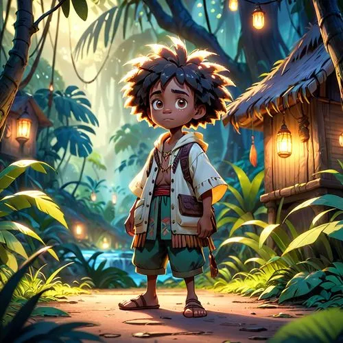 An African Jungle tribe in a jungle,mowgli,miguel of coco,sanjaya,korowai,aeta,polynesian,auriongold,kids illustration,moana,polynesians,adventurer,pygmy,game illustration,ethnobotanist,apayao,madagas