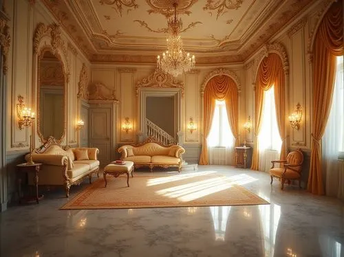 Baroque interior, ornate decoration, luxurious furniture, cream-colored walls, gold leaf accents, intricate carvings, velvet upholstery, crystal chandelier, marble floor, grand staircase, lavish curta