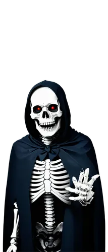 Skeleton, clip art style, black and white, solo, detailed bones structure, glowing red eyes, sinister smile, bony fingers, ripped black cloak, tattered edges, dramatic lighting, high contrast, 3/4 com