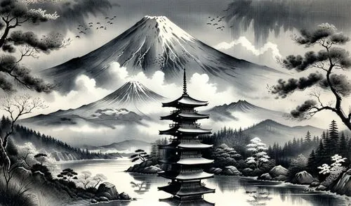 japanese art,mountain scene,kamiizumi,muramasa,japanese background,masashige,Illustration,Paper based,Paper Based 30