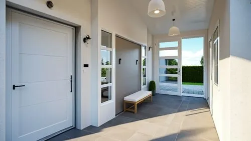 Use the materials of the base picture, just add more light to the interior. It is an entrance. White pendant lamps. The entrance door is antracit, the door at the left to the garage, is white. Ther ar